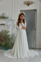 Pentelei Couture White Communion Dress with Long Sleeves